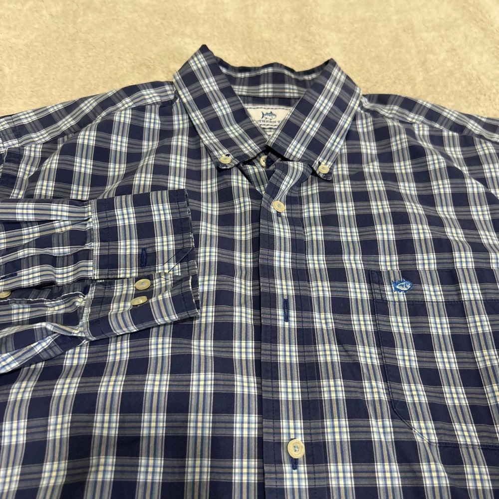 Southern Tide Button Down Mens Large Blue Plaid Classic Fit Stretch Skipjack